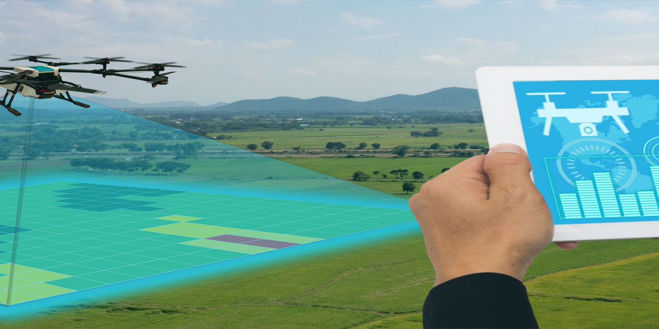 Drone hovering over a crop field collecting the data displayed on the iPad