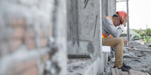 Construction worker sitting on a job site, after being furloughed, his head is down, clearly upset.